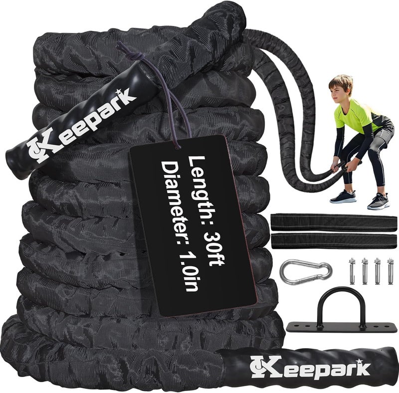 Keepark Battle Ropes for Home Gym 1 Inch Diameter 30FT Length Workout Rope Exercise Rope Training Ropes with Protective Sleeve for Kids Men Women Exercise Fitness & Strength Training - Image 1